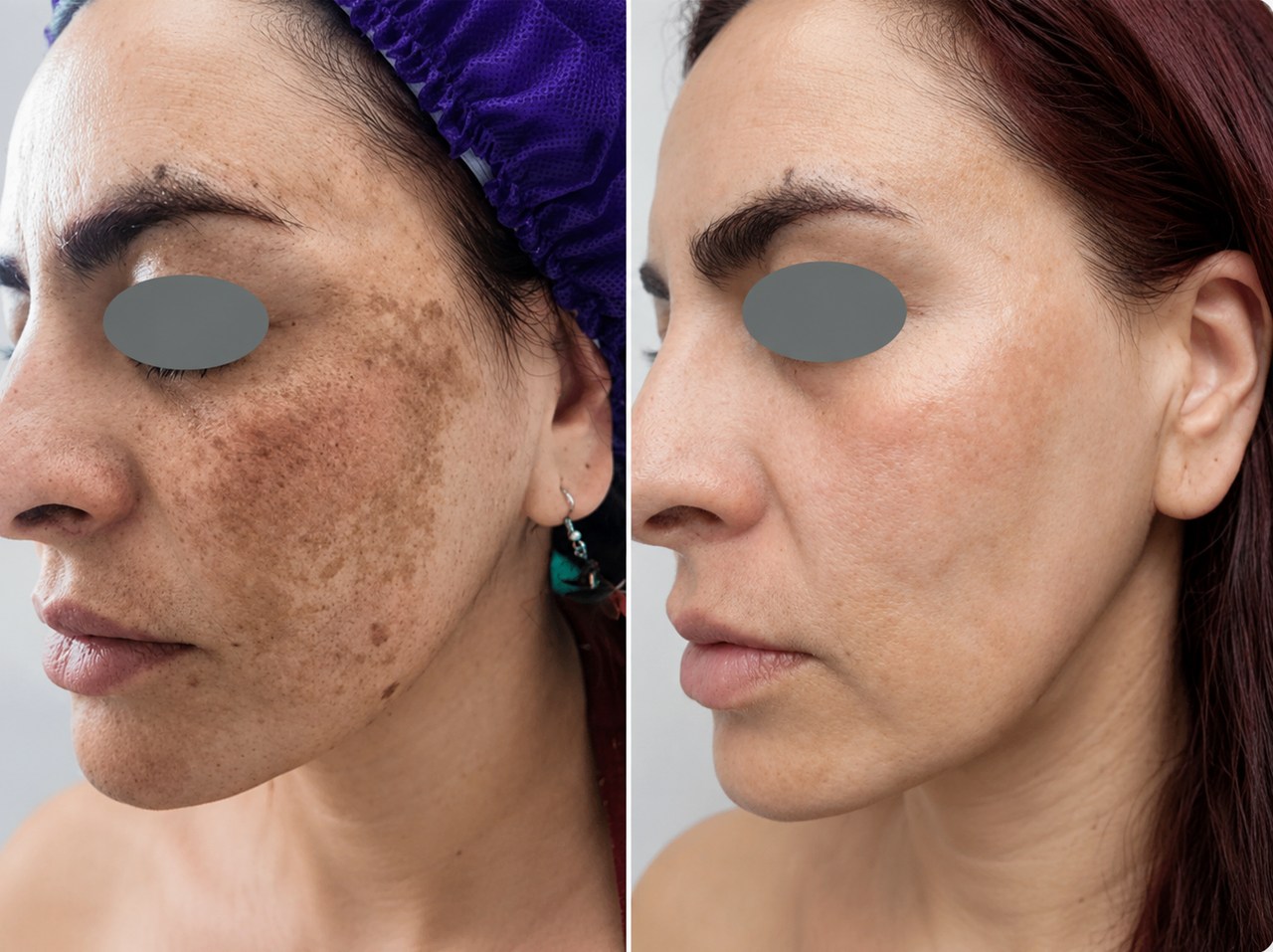 Antes e depois de melasma, imagem ilustrativa da tecnologia Fotona